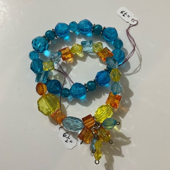 Hand Crafted Stretch Bracelet Set Crystals with Dangles Blue Orange Yellow - Picture 7 of 8